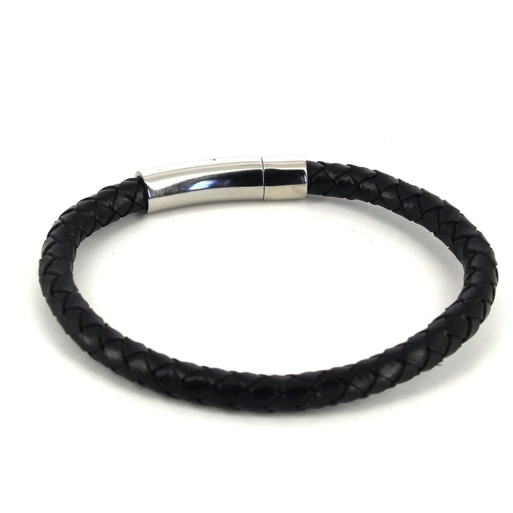 Pulsera Acero y Cuero Negro Cilíndrica