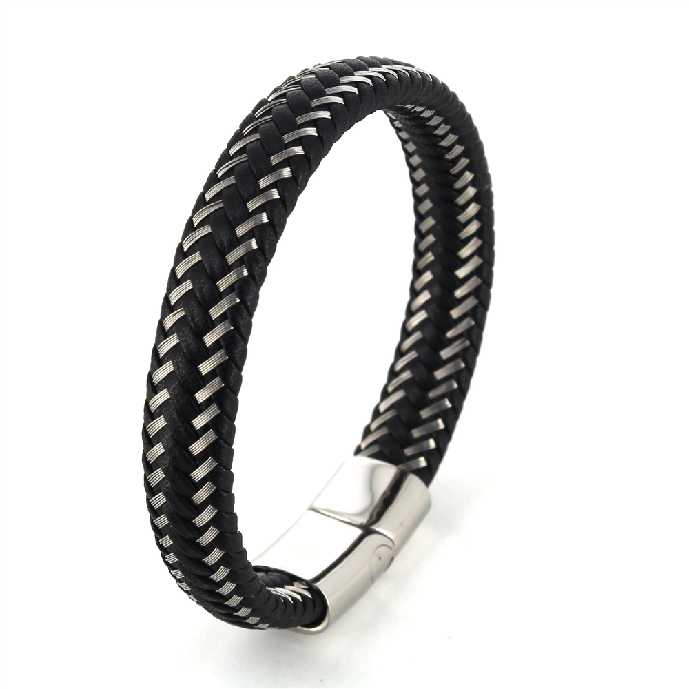 Pulsera Acero y Cuero Negro I
