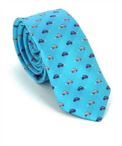 Narrow Tie with Blue Car Motifs