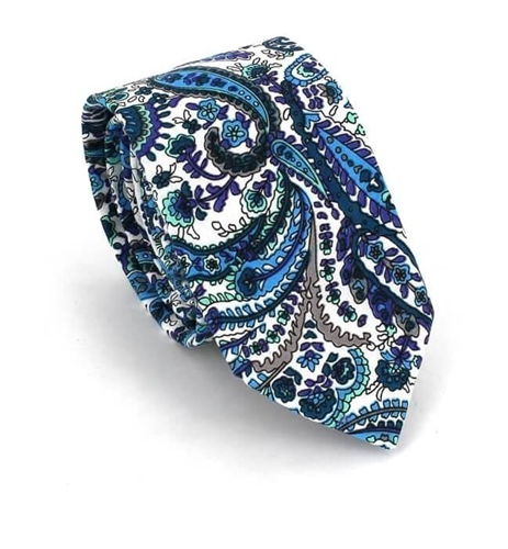 Narrow White and Blue Paisley Tie