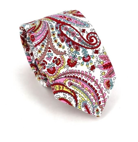 Narrow White and Red Paisley Tie