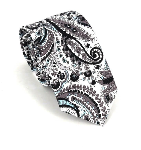 Narrow Black and White Paisley Tie