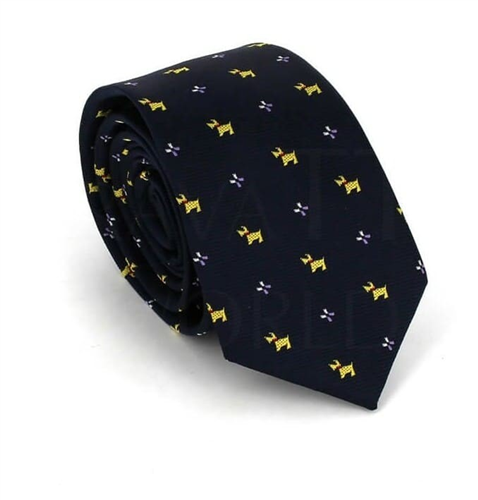 Navy Blue Narrow Tie with Puppies