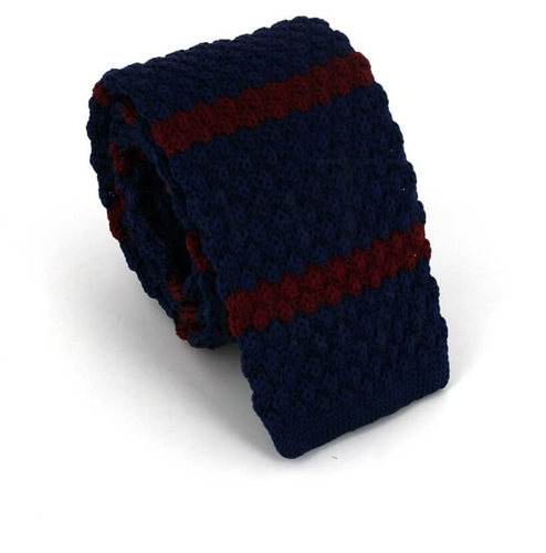 Blue Knit Tie with Burgundy Stripes