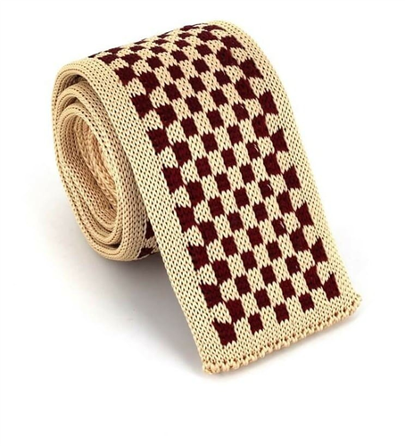 Beige and Burgundy Checkered Knit Tie