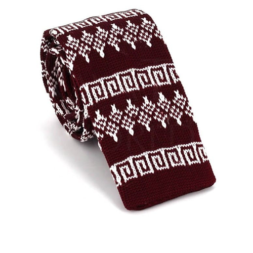 Burgundy Knit Tie with Winter Print