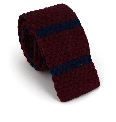 Crimson Knit Tie with Blue Stripes