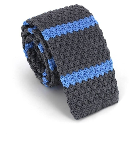 Grey Knit Tie with Blue Stripes