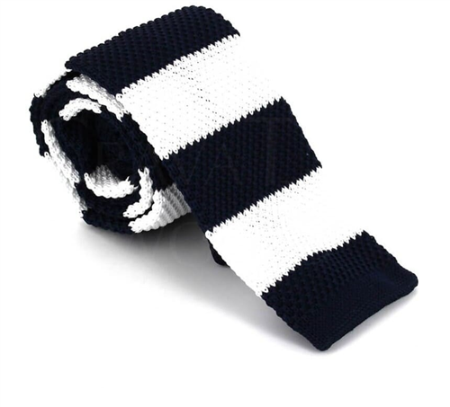 White and Dark Blue Striped Knit Tie