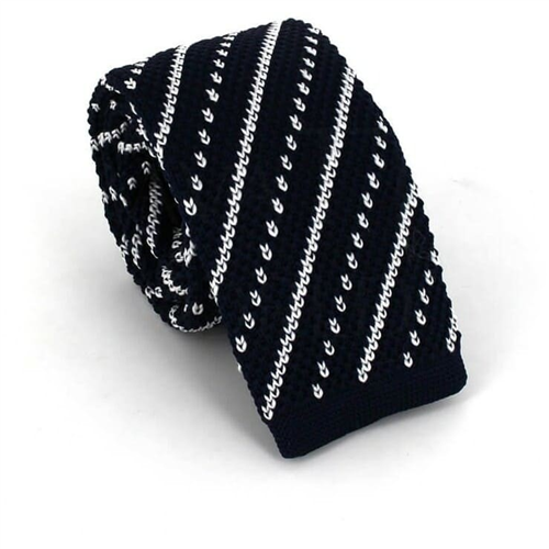 Diagonal Stripe Knit Tie in Navy Blue and White