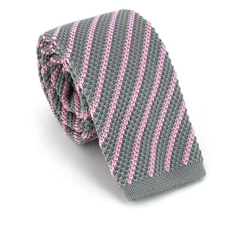 Diagonal Striped Knit Tie in Grey and Pink