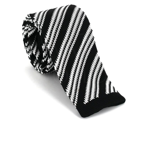 Diagonal Striped Knit Tie in Black and White