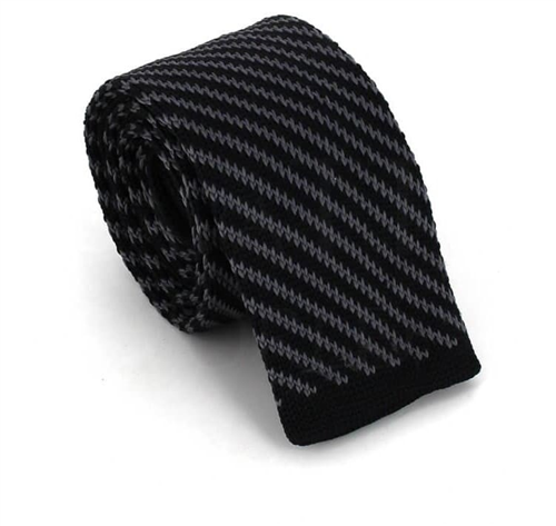 Diagonal Striped Knit Tie in Black and Grey