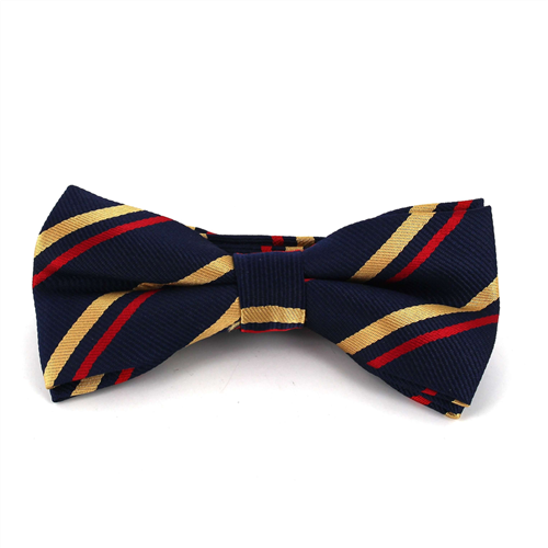 Deep Navy Blue Bow Tie with Red and Gold Stripes