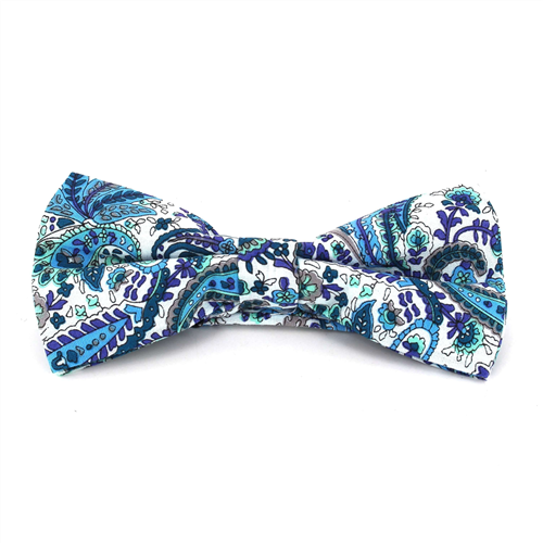 White and Blue Paisley Bow Tie