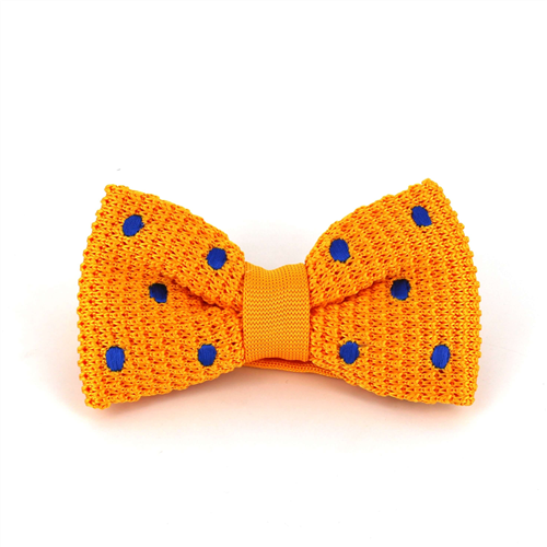 Yellow Knitted Bow Tie with Blue Polka Dots