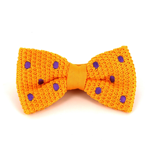 Yellow Knitted Bow Tie with Purple Polka Dots
