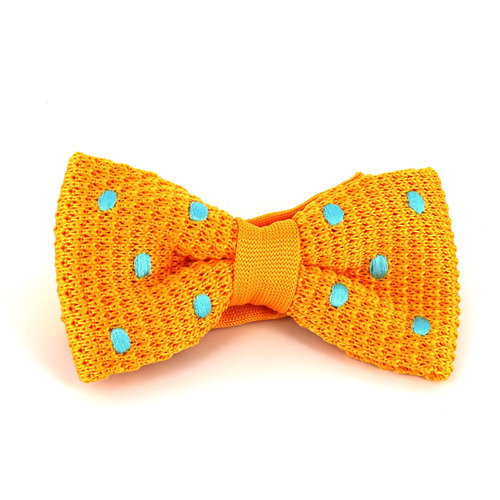 Knitted Yellow Bow Tie with Turquoise Polka Dots