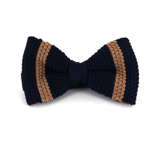 Dark Navy Blue Knitted Bow Tie with Brown Stripes