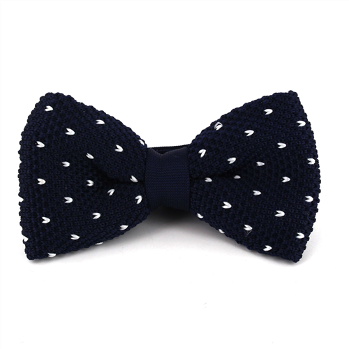 Blue Knitted Bow Tie with White Dots