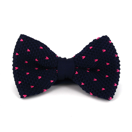 Blue Knitted Bow Tie with Pink Dots