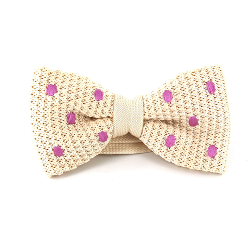 Beige Knit Bow Tie with Lilac Polka Dots