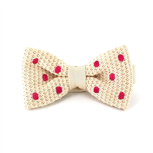 Beige Knit Bow Tie with Magenta Polka Dots
