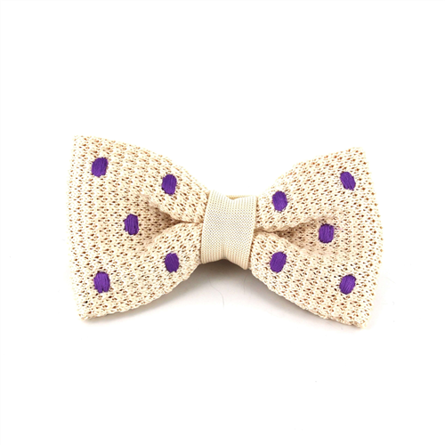 Beige Knit Bow Tie with Purple Polka Dots