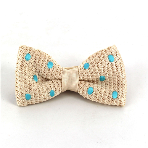 Beige Knitted Bow Tie with Turquoise Polka Dots