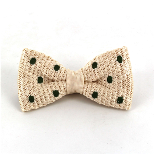 Beige Knitted Bow Tie with Dark Green Polka Dots