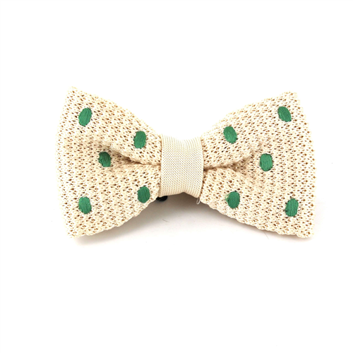 Beige Knitted Bow Tie with Green Polka Dots