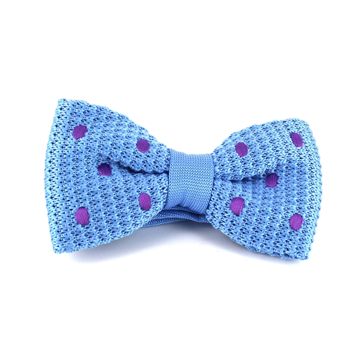 Sky Blue Knit Bow Tie with Purple Polka Dots