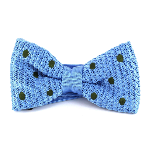 Sky Blue Knitted Bow Tie with Dark Green Polka Dots