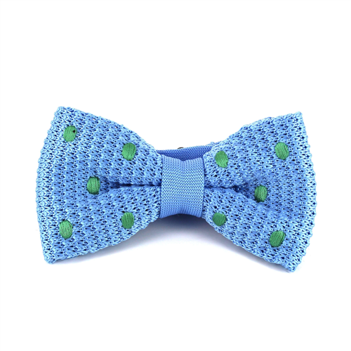 Sky Blue Knitted Bow Tie with Green Polka Dots