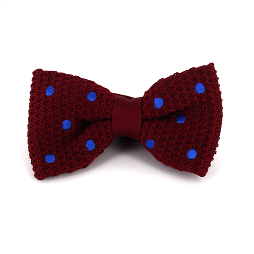 Burgundy Knitted Bow Tie with Blue Polka Dots