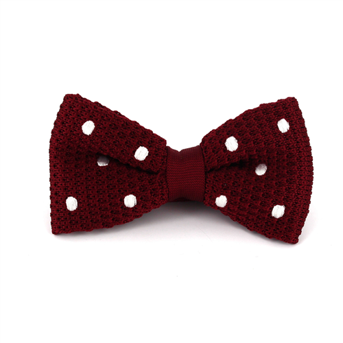 Maroon Knitted Bow Tie with White Polka Dots