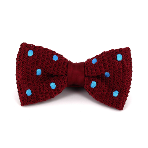 Burgundy Knitted Bow Tie with Sky Blue Polka Dots