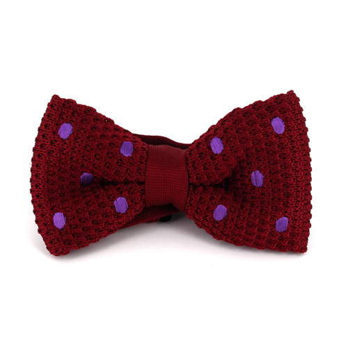 Burgundy Knit Bow Tie with Purple Polka Dots