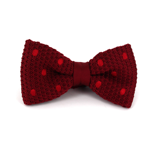 Crimson Knit Bow Tie with Red Polka Dots