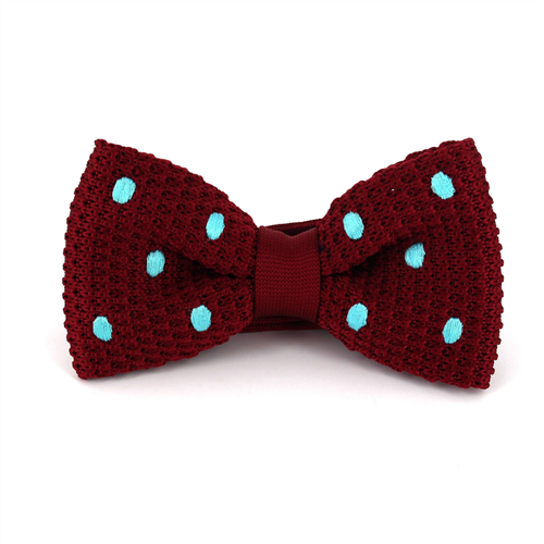 Crimson Knit Bow Tie with Turquoise Polka Dots