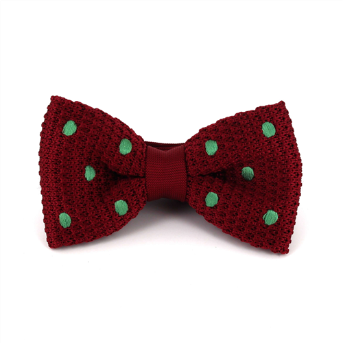 Crimson Knit Bow Tie with Green Polka Dots