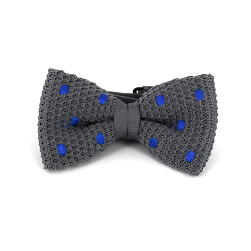 Grey Knit Bow Tie with Blue Polka Dots