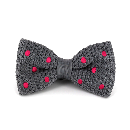 Grey Polka Dot Knit Bow Tie in Magenta