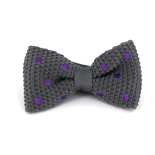 Grey Knit Bow Tie with Purple Polka Dots