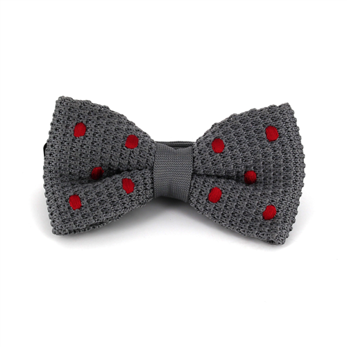 Grey Knitted Bow Tie with Red Polka Dots