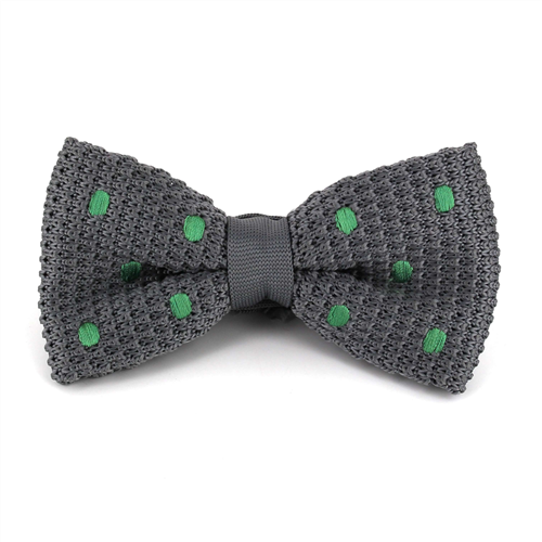 Grey Knit Bow Tie with Green Polka Dots