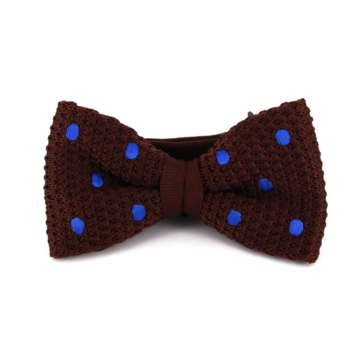 Brown Knitted Bow Tie with Blue Polka Dots