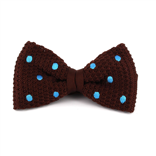 Brown Knitted Bow Tie with Light Blue Polka Dots
