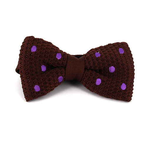 Brown Knitted Bow Tie with Lilac Polka Dots