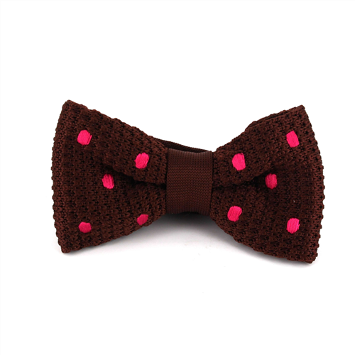 Brown Knit Bow Tie with Magenta Polka Dots